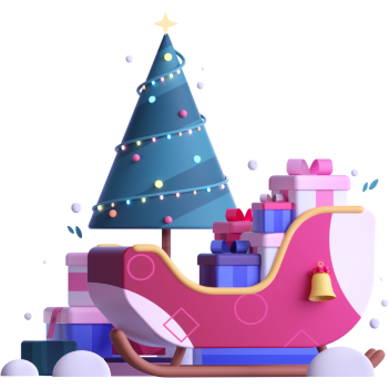 Christmas tree and sleigh with presents